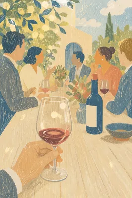 Sunlit Patio Networking With Wine Glass