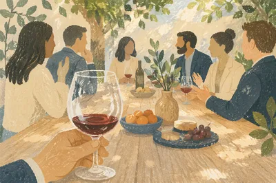 Sunlit Patio Business Networking With Wine Glass