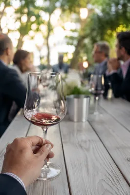 Sunlit Patio Business Networking with Wine Glass