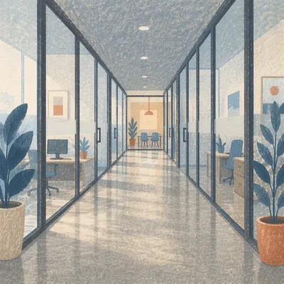 Modern Office Corridor with Glass Doors