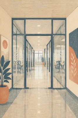 Modern Glass Office Corridor Perspective