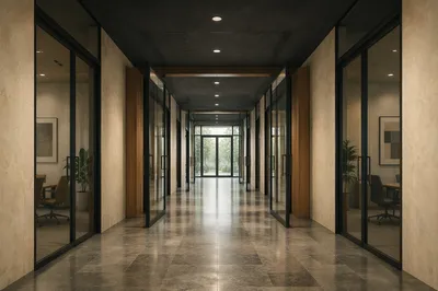 Modern Glass Door Office Corridor Perspective