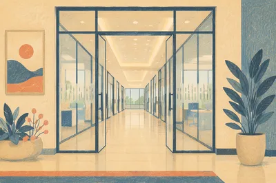 Modern Glass Office Corridor Perspective