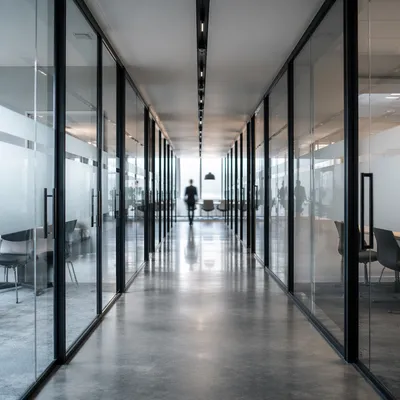 Modern Office Corridor with Glass Doors