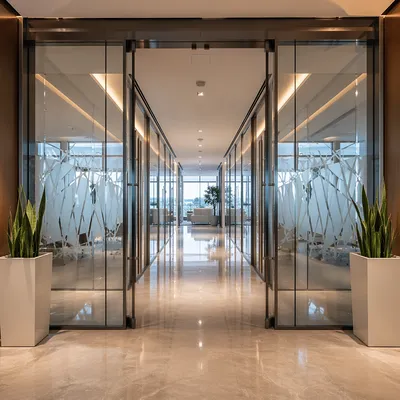 Modern Glass Office Corridor Perspective
