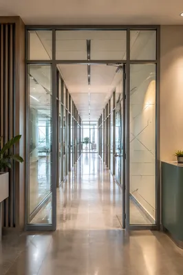 Modern Glass Office Corridor Perspective