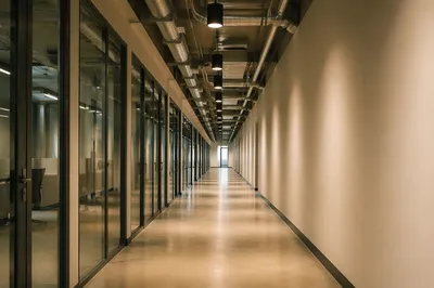Modern Office Corridor With Glass Doors