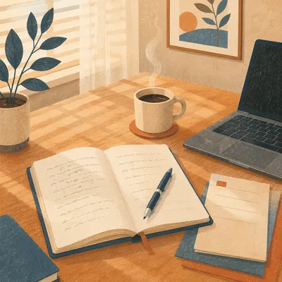 Organized Office Desk with Coffee and Notebook