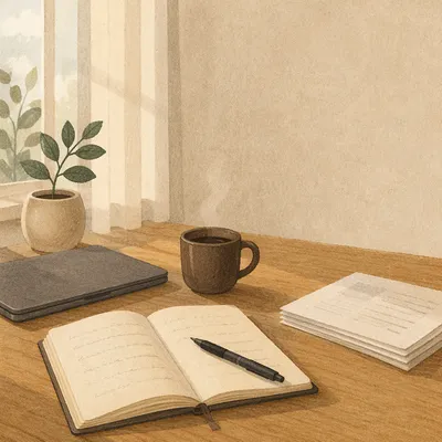 Organized Office Desk with Notebook and Coffee