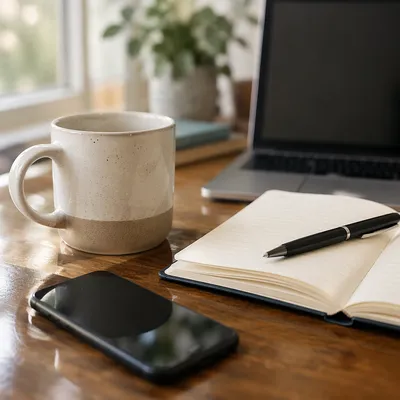 Organized Office Desk with Coffee and Notebook