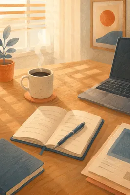 Organized Office Desk with Coffee and Notebook