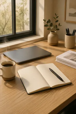 Organized Office Desk with Notebook and Coffee