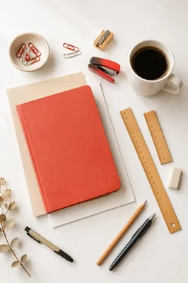 Organized Office Desk with Notebook and Coffee