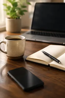 Organized Office Desk with Notebook and Coffee