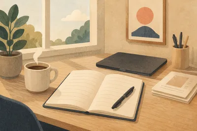 Organized Office Desk with Notebook and Coffee