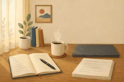 Organized Office Desk with Notebook and Coffee