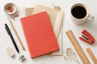 Organized Office Desk with Notebook and Coffee