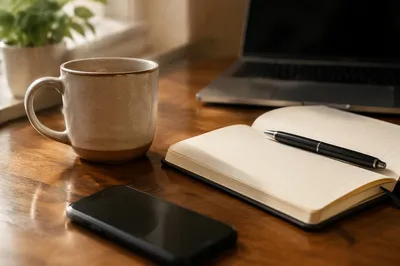 Organized Office Desk with Coffee and Notebook