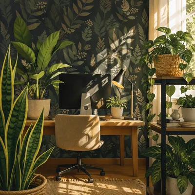 Warm Plant Filled Home Office Workspace