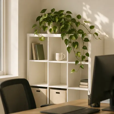 Warm Office Shelf with Trailing Pothos