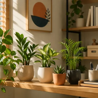 Warm Sunlit Office Plants on Wooden Shelf