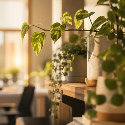 Sunlit Office Plants on Wooden Shelf