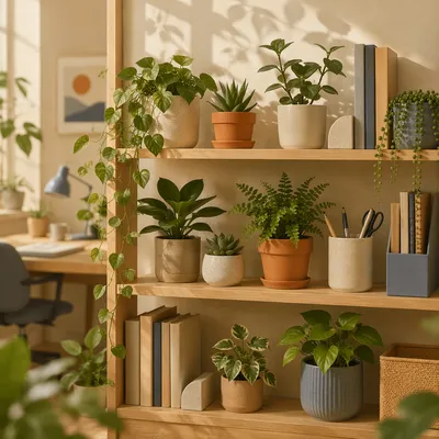Office Plants on Shelf in Warm Light
