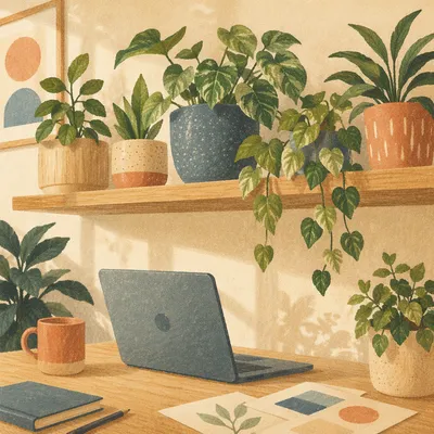 Warm Natural Light Office Plants Shelf