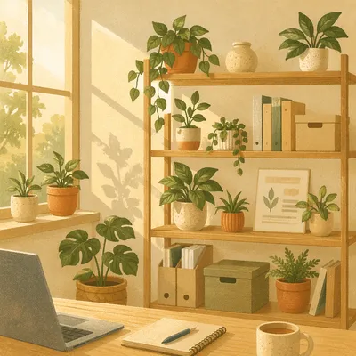 Warm Office Shelf with Potted Plants