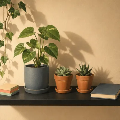 Warm Office Plants on Minimal Shelf