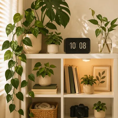 Warm Office Shelf with Lush Green Plants
