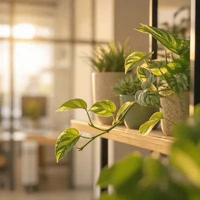 Sunlit Office Plants on Wooden Shelf