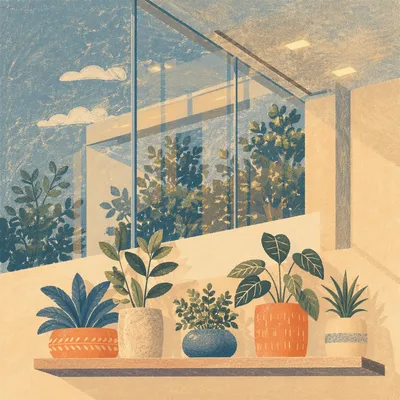 Warm Office Shelf With Indoor Plants