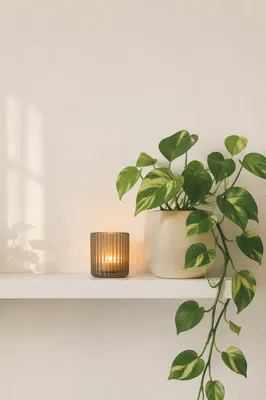 Warm Office Shelf With Cascading Green Plant