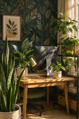 Warm Plant Filled Home Office Shelf