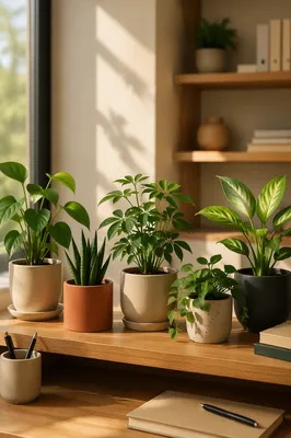 Warm Sunlit Office Plants on Wooden Shelf