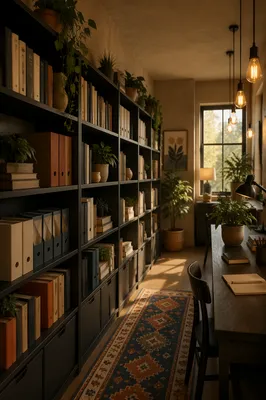 Warm Office Shelves with Plants and Books
