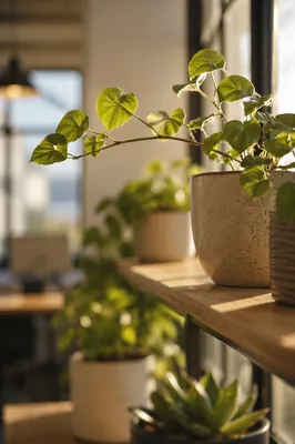Warm Sunlit Office Plants on Wooden Shelf