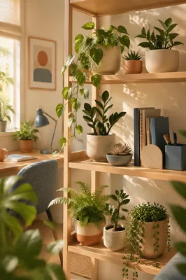 Warm Office Shelf with Indoor Plants