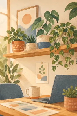 Warm Office Plants on Wooden Shelf