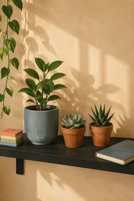 Office Plants on Shelf in Warm Light