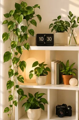 Warm Office Shelf with Lush Plants