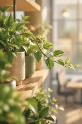 Warm Sunlit Office Plants on Wooden Shelf