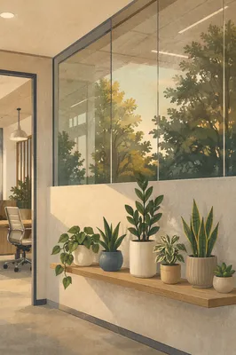 Warm Office Shelf Plants in Natural Light