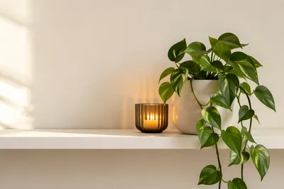 Warm Minimalist Office Shelf with Green Pothos