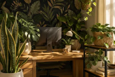 Warm Home Office with Lush Shelf Plants