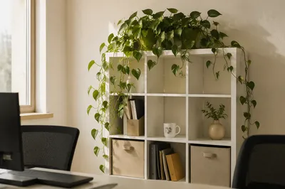 Warm Office Shelf With Trailing Pothos