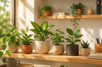 Warm Office Plants on Wooden Shelf