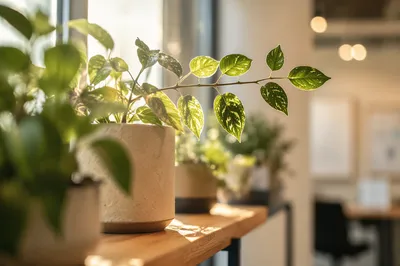 Warm Sunlit Office Plants on Wooden Shelf