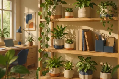 Warm Office Shelf with Lush Plants